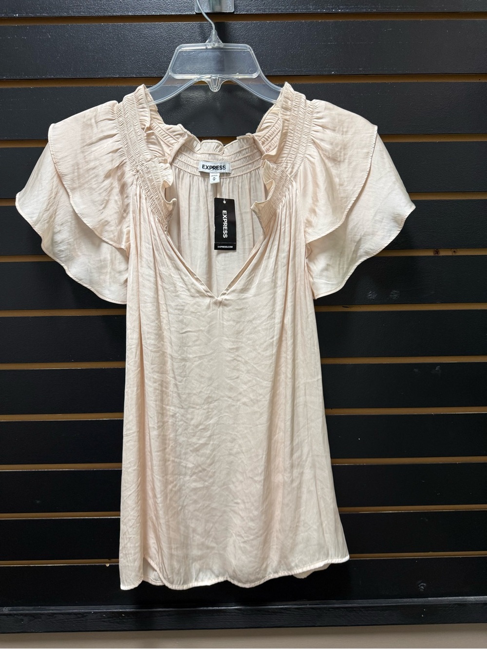 NWT Express Blush Ruffle Flutter Sleeve Smocked Neck Blouse Top M